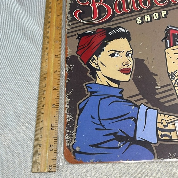 Vintage Vibe NWT Barber Shop Tin Metal Sign Red Blue Brown Rusty Look - Picture 4 of 6